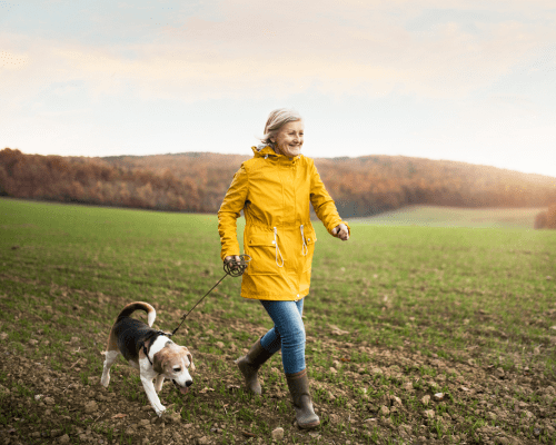 An Older Woman Waling With a Dog in The Fields